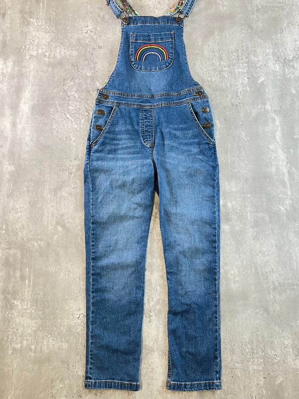 Mini Boden Girls Embroidered Rainbow Denim Full Jeans Overalls Size 8-9 Years